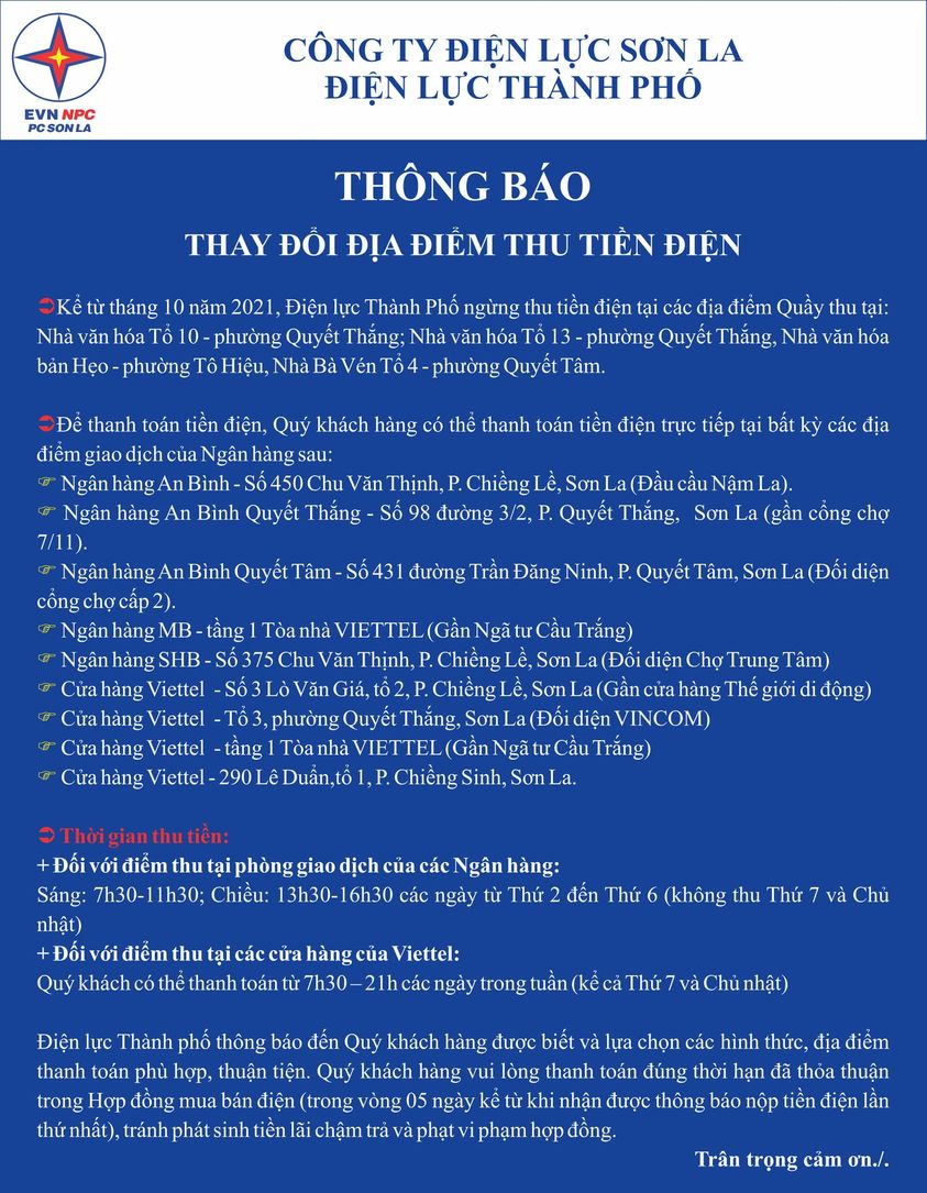 Điện lực Thành Phố Sơn La: Thông báo dịch chuyển địa điểm Quầy thu tiền điện