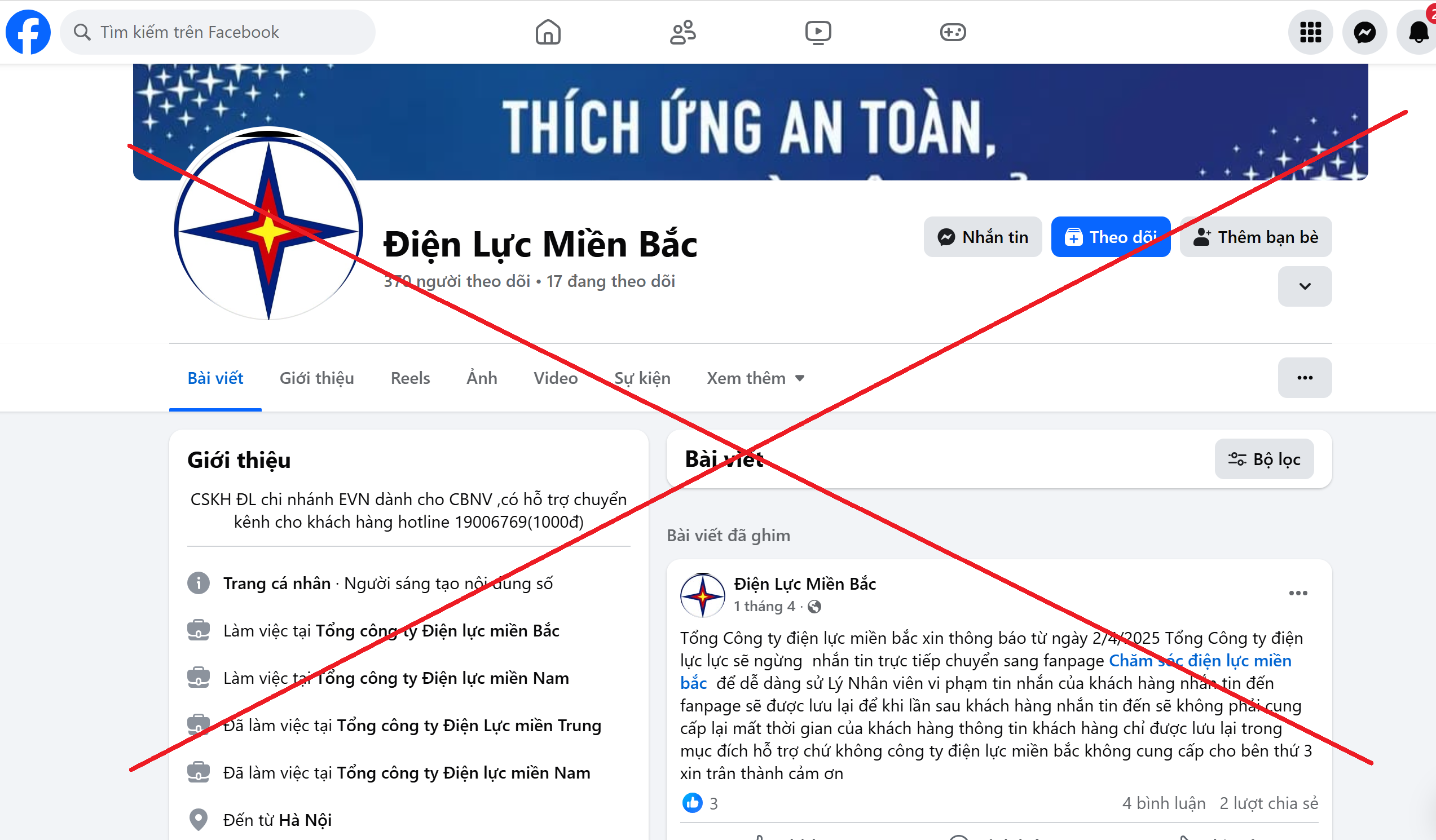 Cảnh báo giả mạo fanpage facebook của Tổng công ty Điện lực miền Bắc