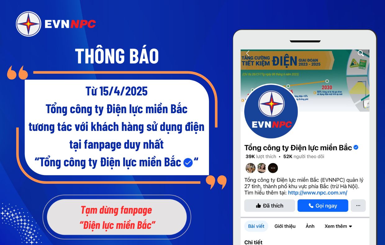 Thông báo chính thức dừng hoạt động Fanpage “Điện lực miền Bắc”