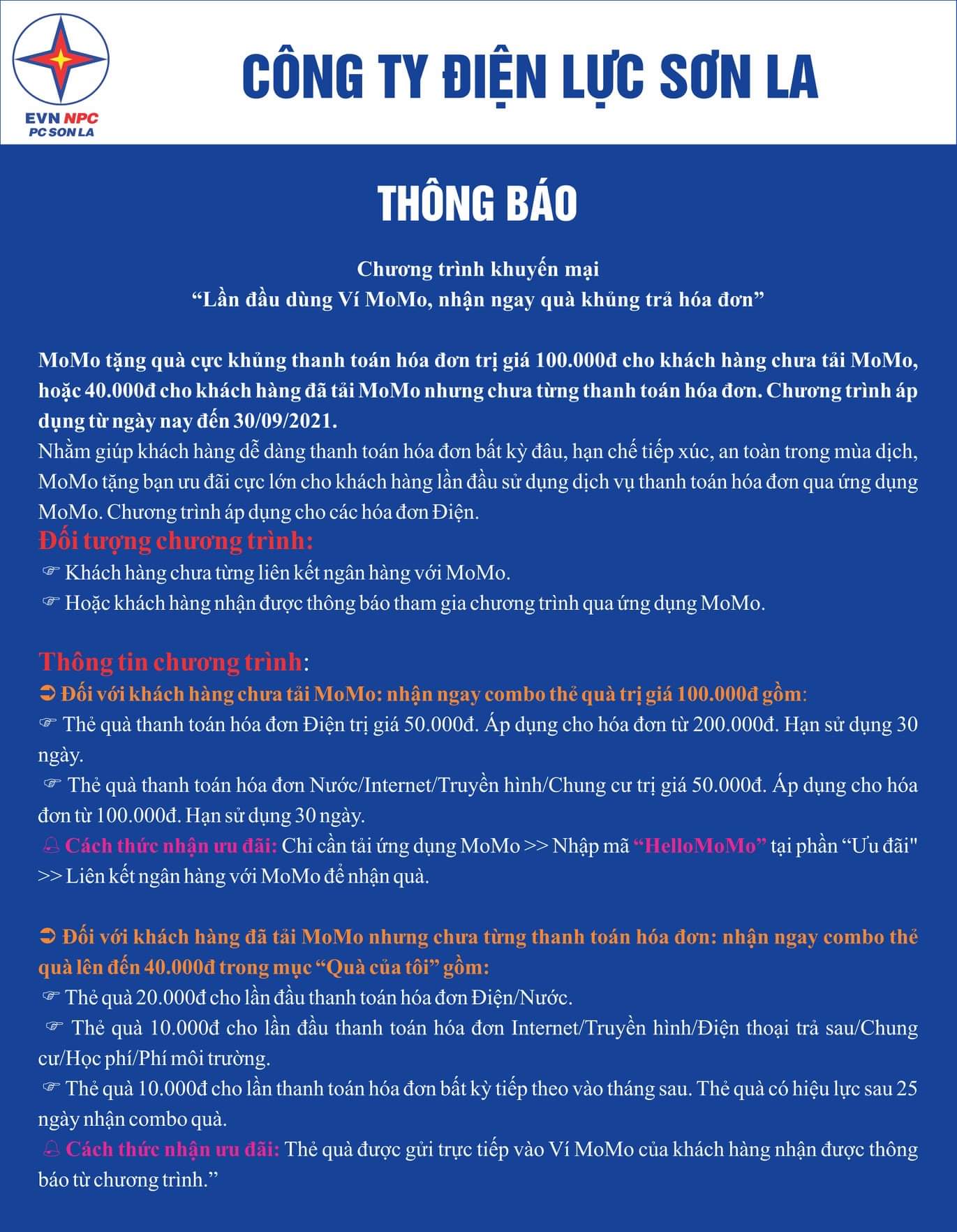 Công ty Điện lực Sơn La thông báo chương trình ưu đã khi khách hàng lần đầu sử dụng Ví MOMO