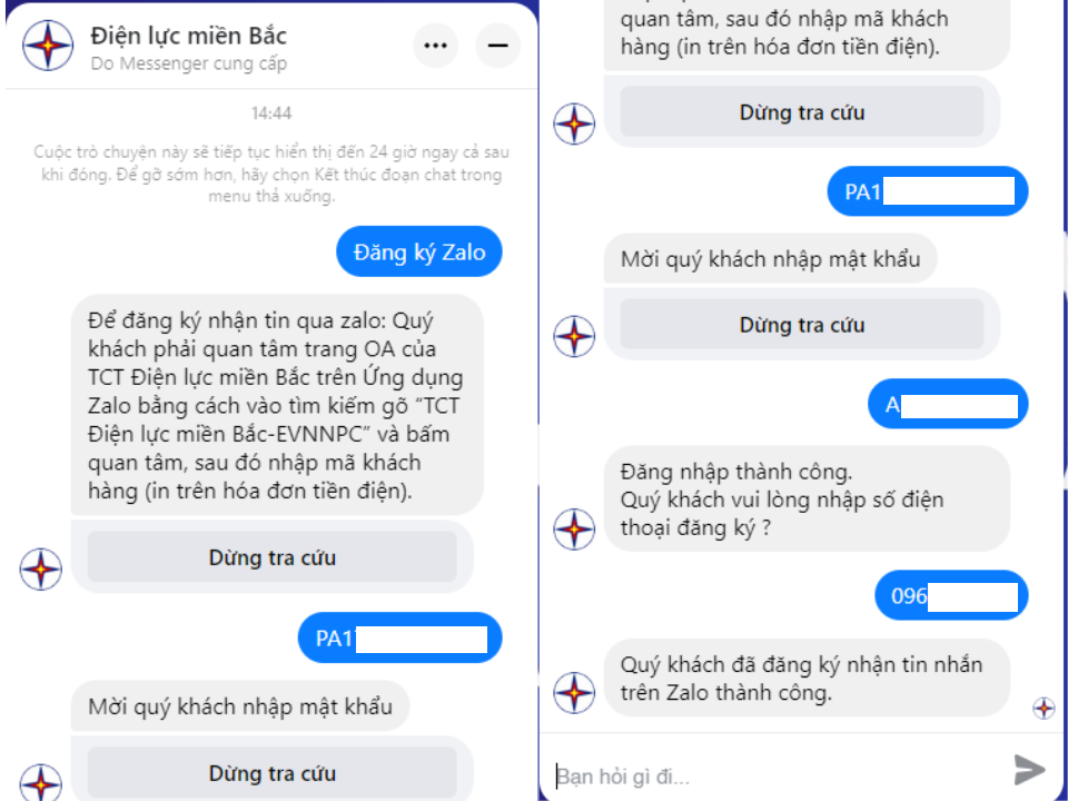 Cách nhận tin nhắn dịch vụ điện miễn phí của Tổng công ty Điện lực miền Bắc qua ứng dụng Zalo